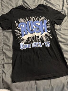 Bravado Black Rush Tour 1974-75 Graphic Tee with Blue and White Print